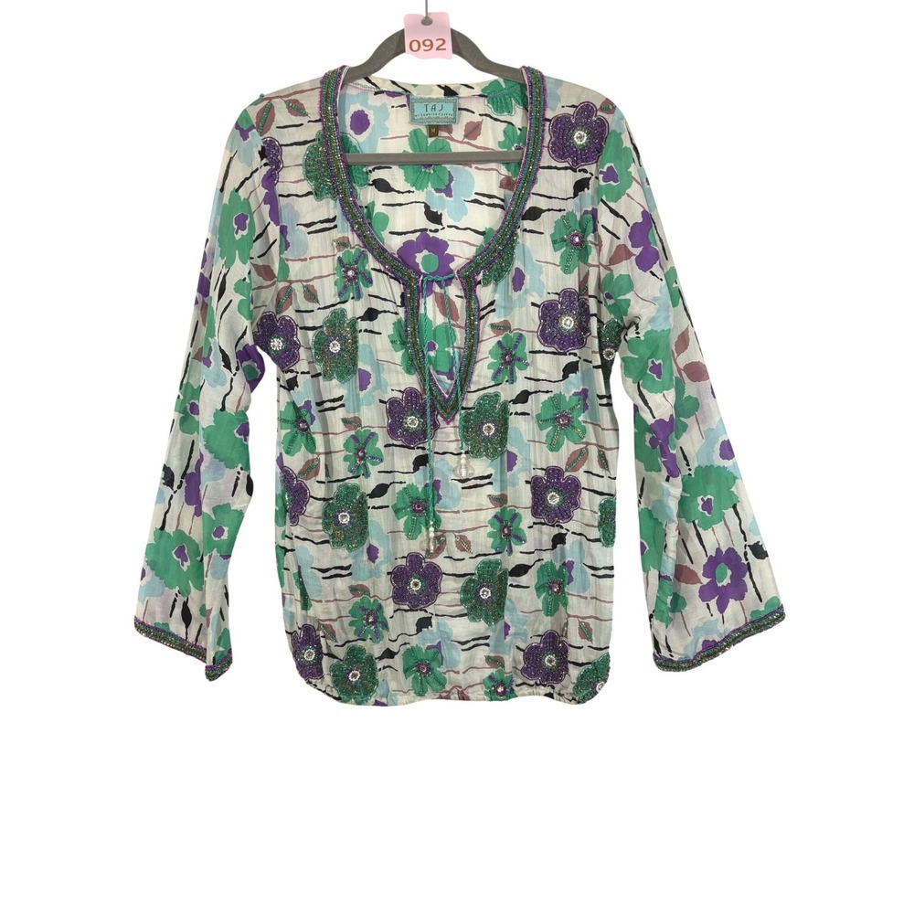 Taj by Sabrina Crippa Silk Floral Beaded Tunic Top Purple Green Medium M